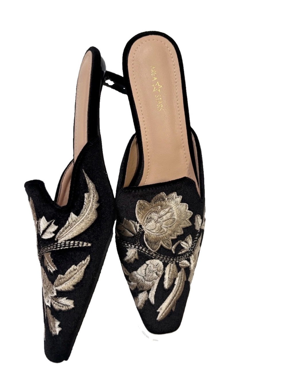 Black Embroidered Slip-On Mules with Gold Floral Detail